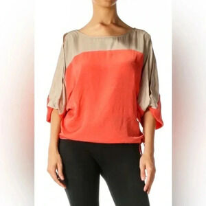 BCBGMAXAZRIA Suzie Cold Shoulder Color Block Blouse Cinched Waist Size L Large